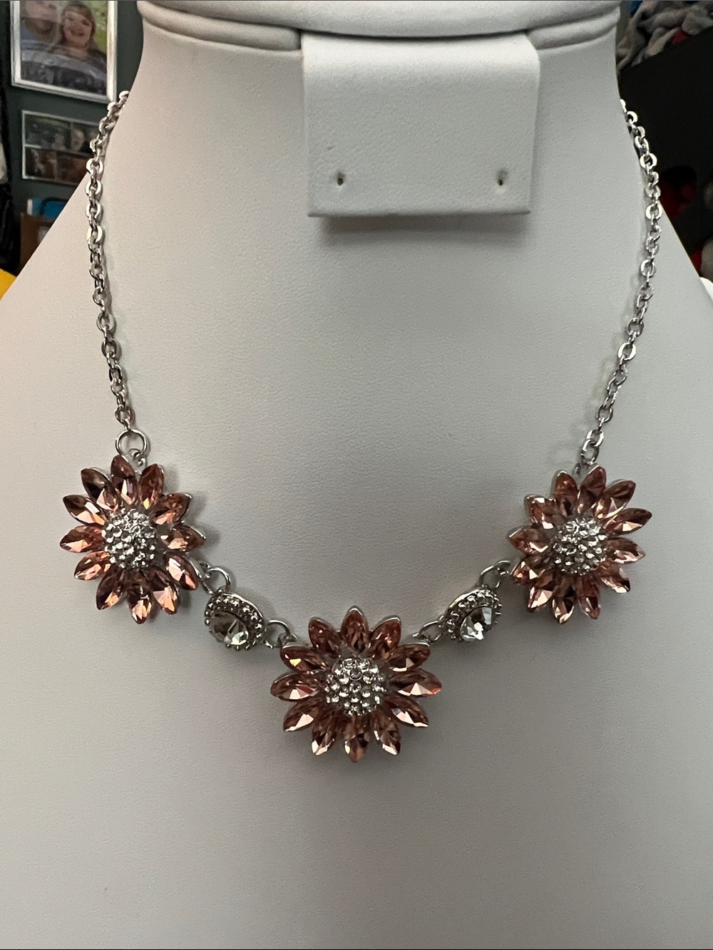 Paparazzi Silver Floral Statement Necklace with Rose Gold Crystals